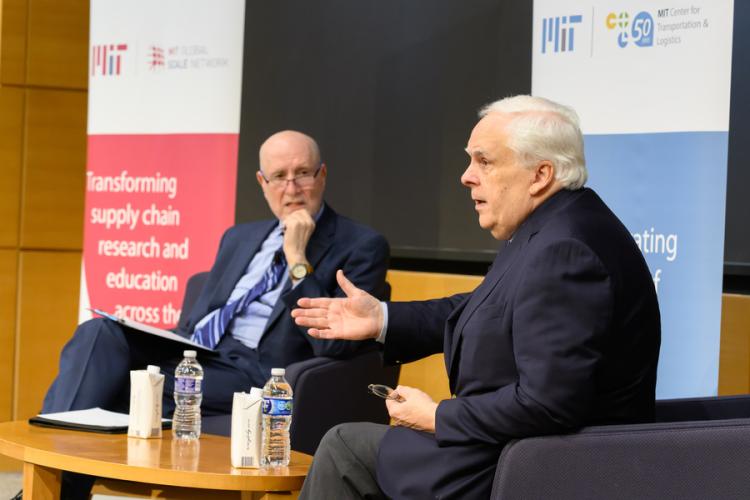 Frederick Smith (right) and Yossi Sheffi discuss innovation at Wong Auditorium on Jan. 26. Photo: Justin A. Knight