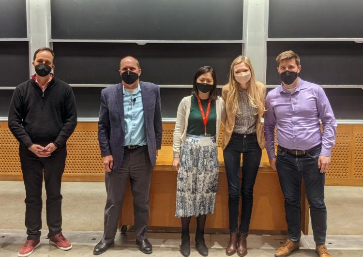 (L-R) Fred Baumann, VP Industry Strategy, o9 Solutions (prize sponsor); Chris Caplice, Executive Director, MIT CTL; SCALE supply chain master’s students Meiling Chen (MIT), Rachael Clark (MIT), and Nicholas Winters (MIT). Not pictured: SCALE master's students Kubra Bayik (LCL) and Nina Antilla (ZLC), who joined the final-round presentations and awards ceremony remotely