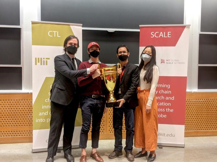 (L-R) David Montemurri (GCLOG), Samuel Chin (MIT), Shahidul Hoque (MIT), and Debra Lee (MIT) were awarded 1st place in the 2022 SCALE Connect "Shark-Tank" style competition for their proposal: "KAMP" Not pictured: Vedasree Ramireddy (LCL) who joined the final-round presentations and awards ceremony remotely