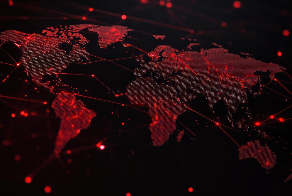 Digital world map with red nodes suggesting cyberthreats