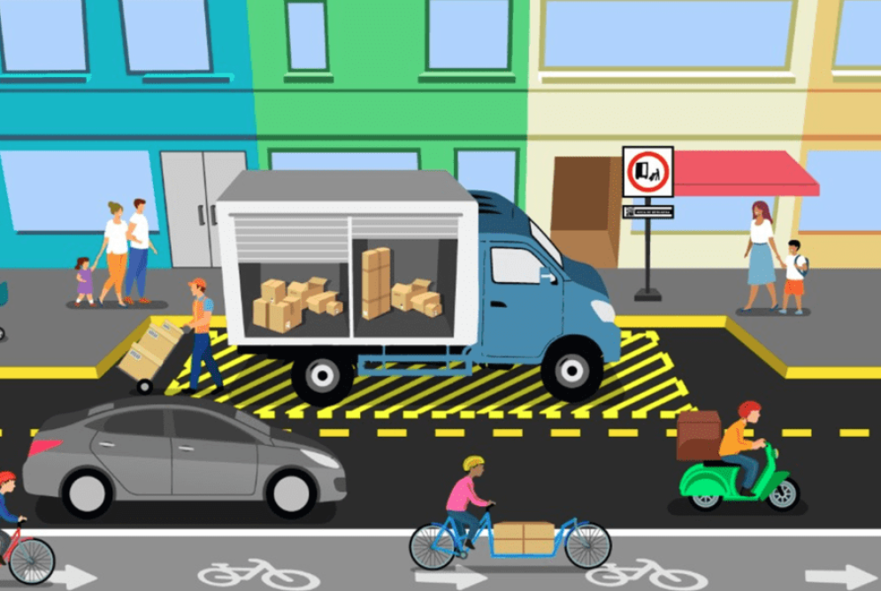 Illustration of a delivery truck parking on the side of the street.