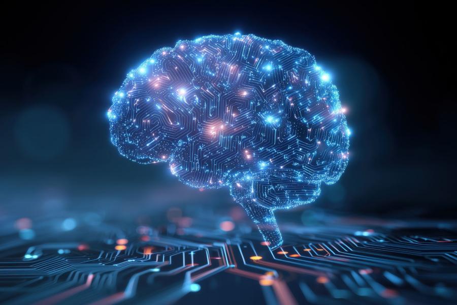  blue digital brain and colorful circuit board patterns, representing an artificial intelligence concept Generative AI