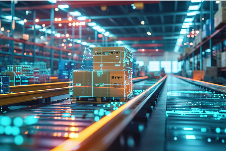 edited photo of boxes on a conveyor belt with digital augmentations