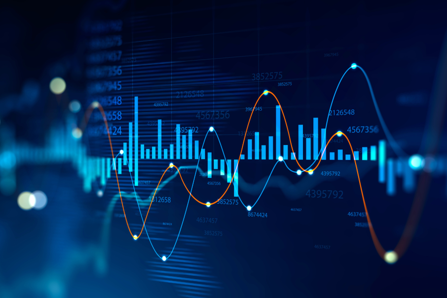 a futuristic data dashboard featuring bar and line graphs