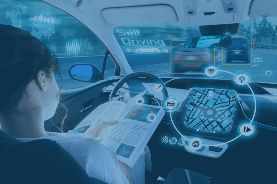 Person driving a car with advanced technology overlay