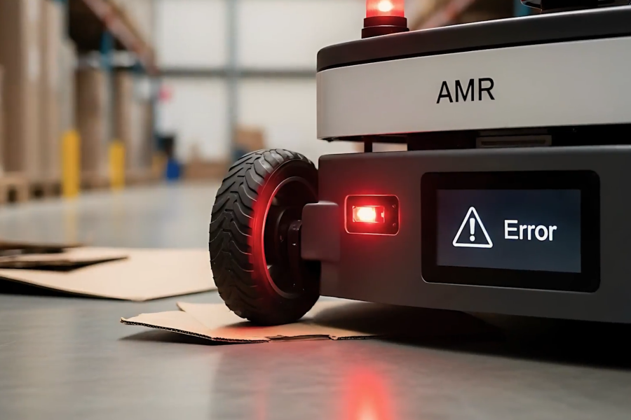 Image of a warehouse robot displaying ERROR on its screen