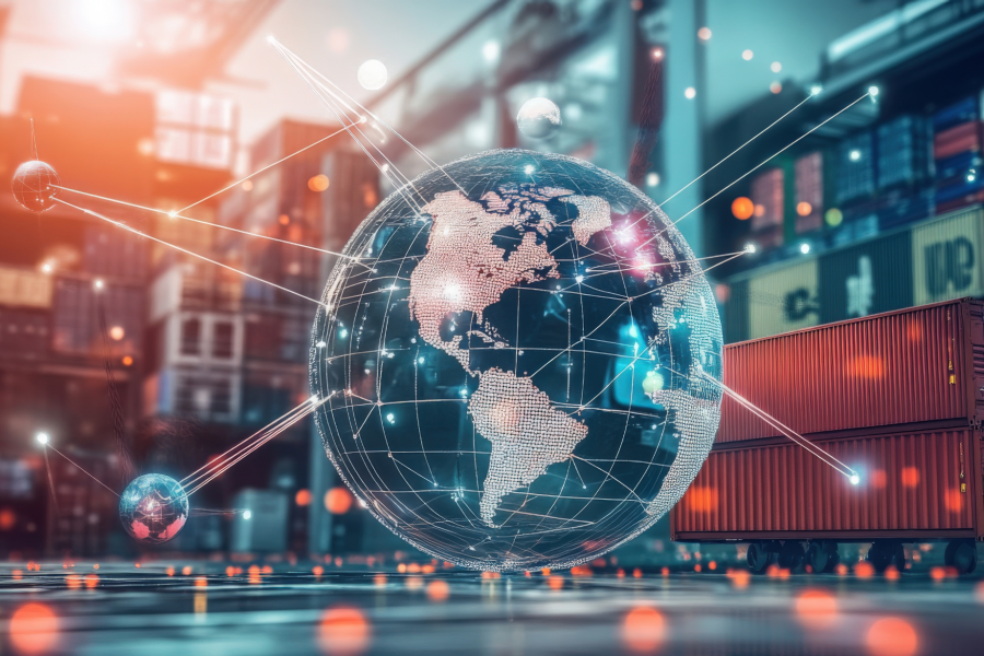 a Futuristic Image of a Global Network above a Bustling Warehouse, Symbolizing Interconnected Trade and Efficient Logistics in the Modern Era.