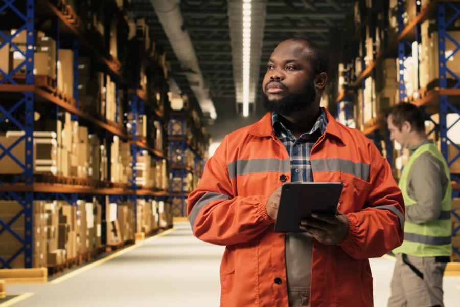 Man in a warehouse with a clipboard