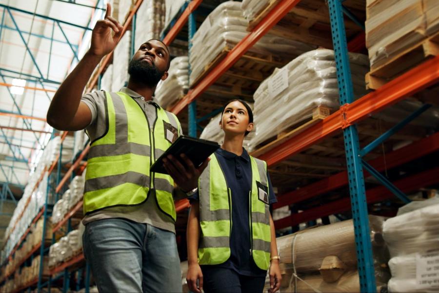 Two warehouse employees in hi-vis vests